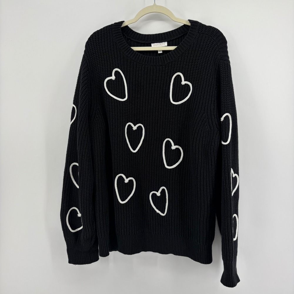 Crown & Ivy Womens 2X Black Sweater White Embroidered Heart Shaker Knit Pullover - Picture 1 of 6